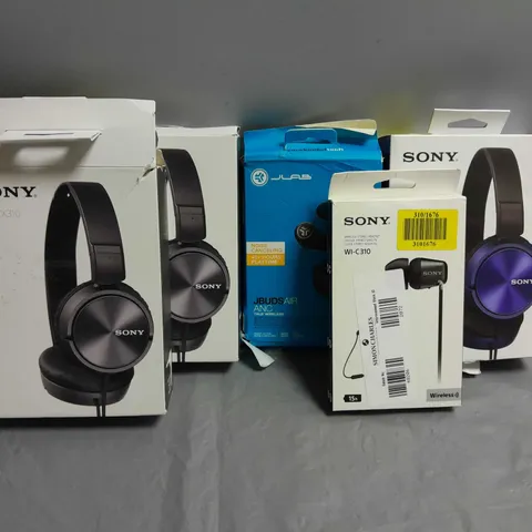 LOT OF 5 HEADPHONES TO INCLUDE SONY MDR-ZX310 IN BLUE AND BLACK, SONY WI-C310 IN BLACK AND JLAB JBUDS IN BLACK. 