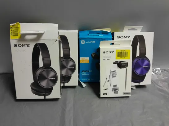 LOT OF 5 HEADPHONES TO INCLUDE SONY MDR-ZX310 IN BLUE AND BLACK, SONY WI-C310 IN BLACK AND JLAB JBUDS IN BLACK. 