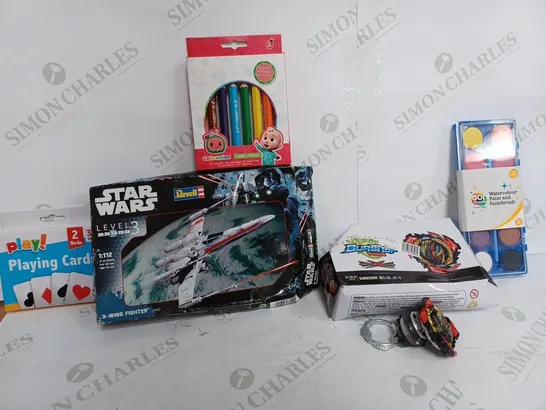 BOX OF APPROX 20 ASSORTED TOYS TO INCLUDE - REVELL STAR WARS LEVEL 3 X WING FIGHTER - PLAY! PLAYING CARDS - BURSTTOP FORCE DANGEROUS  ECT