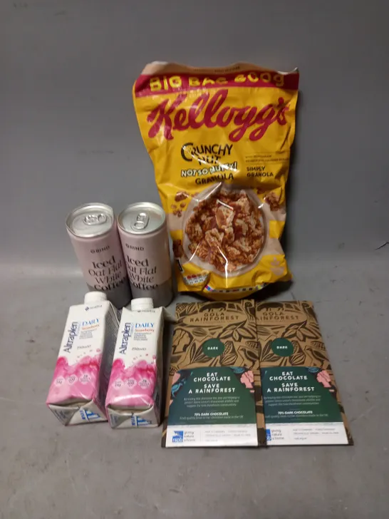 APPROXIMATELY 10 ASSORTED FOOD/DRINK PRODUCTS TO INCLUDE KELLOGG'S CRUNCHY NUT GRANOLA, GOLA RAINFOREST CHOCOLATE, GRIND COFFEE DRINKS ETC - COLLECTION ONLY 