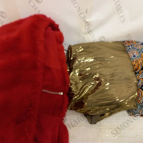 LOT OF 3 DESIGNER FASHION ITEMS TO INCLUDE MONSOON PATTERENED PANTS SIZE LARGE, GOLD EFFECT DRESS SIZE UNSPECIFIED, FAUX FUR COAT IN RED SIZE LARGE