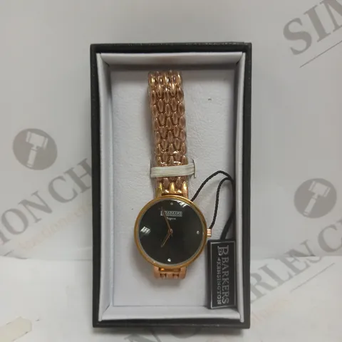 BOXED BARKERS OF KENSINGTON REGATTA WOMENS WATCH - BLACK DIAL WITH ROSE GOLD BODY AND STRAP