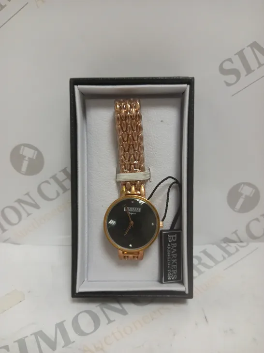 BOXED BARKERS OF KENSINGTON REGATTA WOMENS WATCH - BLACK DIAL WITH ROSE GOLD BODY AND STRAP