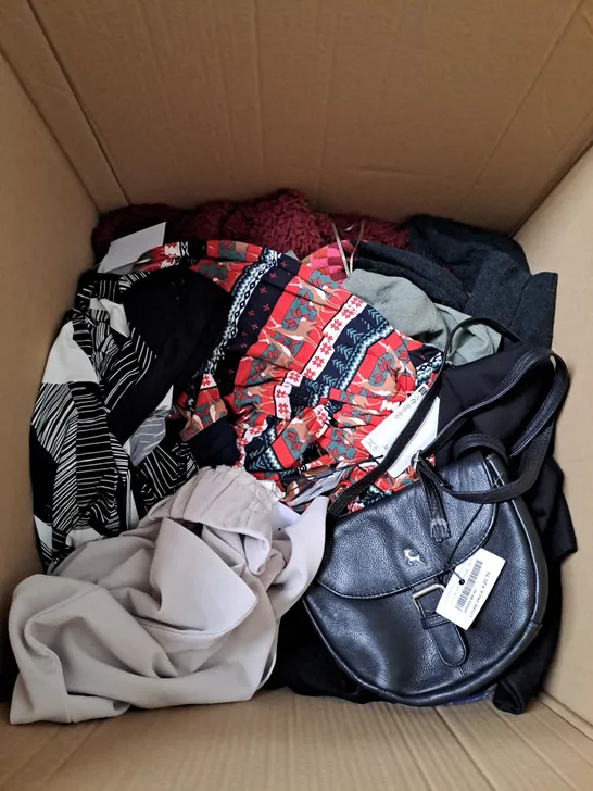 BOX OF ASSORTED CLOTHING ITEMS TOO INCLUDE COATS , TOPS, AND TROUSERS   ETC. 