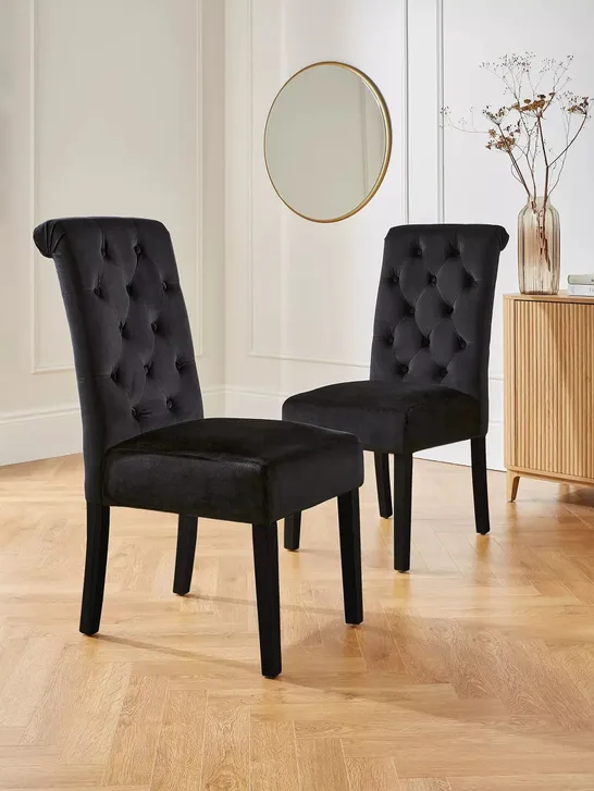 BOXED PAIR OF VELVET SCROLL BACK DINING CHAIRS IN BLACK - COLLECTION ONLY