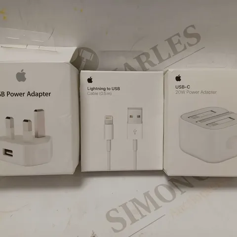 LOT OF 3 ASSORTED APPLE ITEMS TO INCLUDE USB POWER ADAPTER, LIGHTNING TO USB CABLE, USB-C 20W POWER ADAPTER