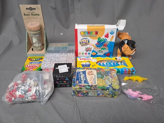 BOX OF ASSORTED TOYS AND GAMES TO INCLUDE RAIN RATTLE, CRAYOLA AND MARBLES IN A TIN