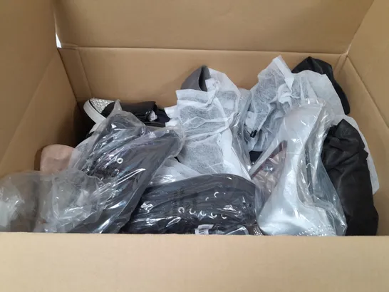 BOX OF APPROXIMATELY 10 ASSORTED WOMENS SHOES IN VARIOUS COLOURS, STYLES AND SIZES