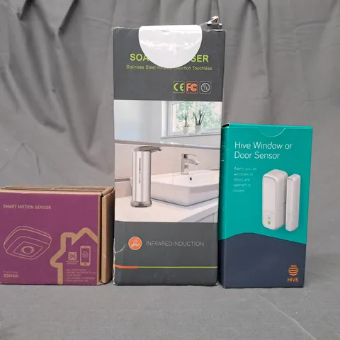 BOX OF APPROXIMATELY 15 ASSORTED HOUSEHOLD ITEMS TO INCLUDE SMART MOTION SENSOR, SOAP DISPENSER, HIVE WINDOW OR DOOR SENSOR, ETC