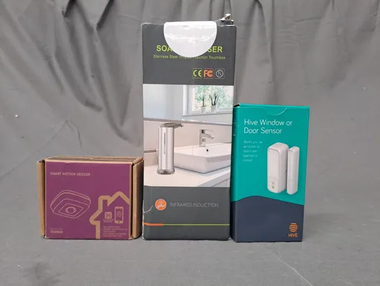 BOX OF APPROXIMATELY 15 ASSORTED HOUSEHOLD ITEMS TO INCLUDE SMART MOTION SENSOR, SOAP DISPENSER, HIVE WINDOW OR DOOR SENSOR, ETC