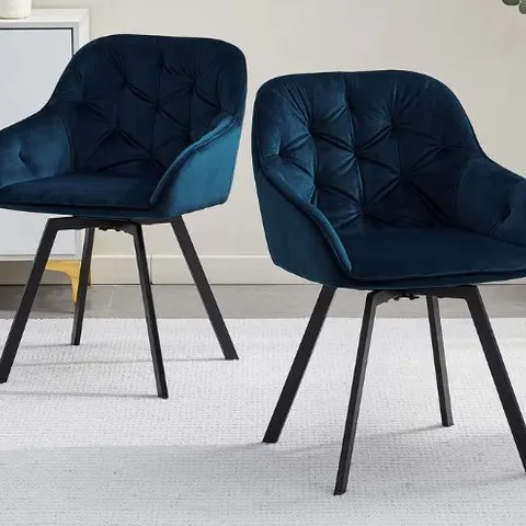 BOXED GARVIES SET OF TWO BLUE VELVET SWIVEL DINING CHAIRS (1 BOX)