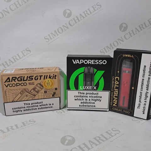 APPROXIMATELY 10 ASSORTED E-CIGARETTE PRODUCTS TO INCLUDE VOOPOO ARGUS GT II KIT, VAPORESSO LUXE X, UWELL CALIBURN G2 POD SYSTEM 