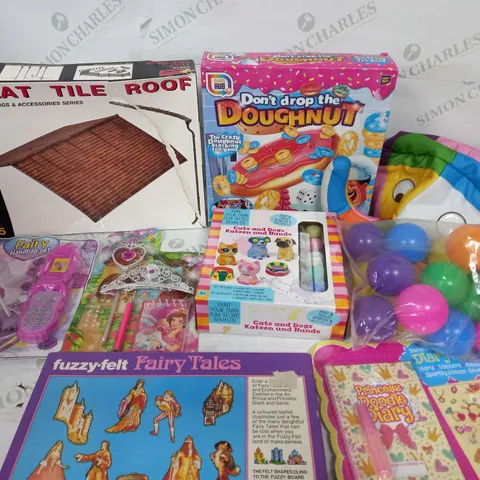 LARGE BOX OF ASSORTED TOYS AND GAMES TO INCLUDE BOP IT, FANCY DRESS AND FAIRY HANDBAG SET