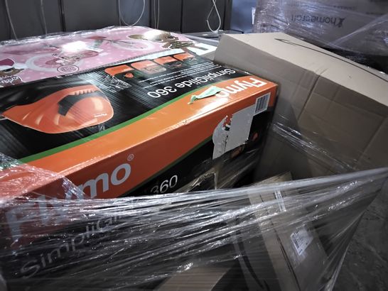 PALLET OF APPROXIMATELY 18 ASSORTED ITEMS TO INCLUDE  A MAKITA GA4530R ANGLE GRINDER,  FLYMO EASISTORE 300R ELECTRIC LAWNMOWER AND A FLYMO SIMPLIGLIDE 360 