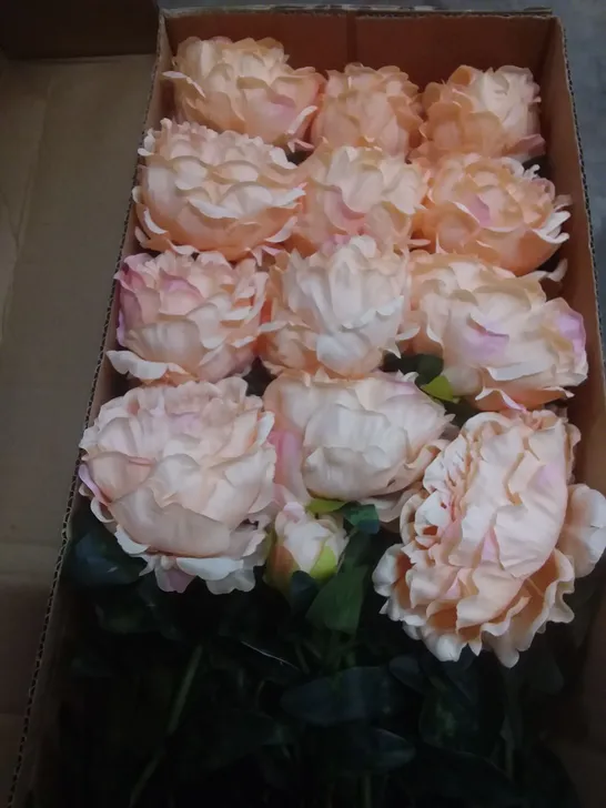 BOX OF 24 BRAND NEW SIGNATURE 68CM PEONY SPRAY W/1 FLOWER, 1 BUD & 5 LEAVES - LIGHT PEACH SILK FLOWERS