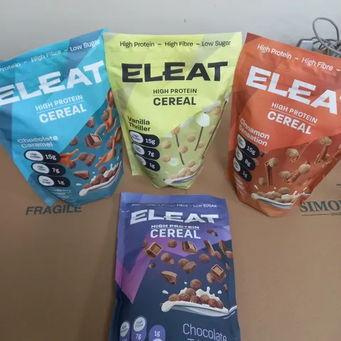 LOT OF 4 ELEAT HIGH PROTEIN CEREAL CHOCOLATE CARAMEL,VANILLA THRILLER, CINNAMON SENSATION AND CHOCOLATE TRIUMPH