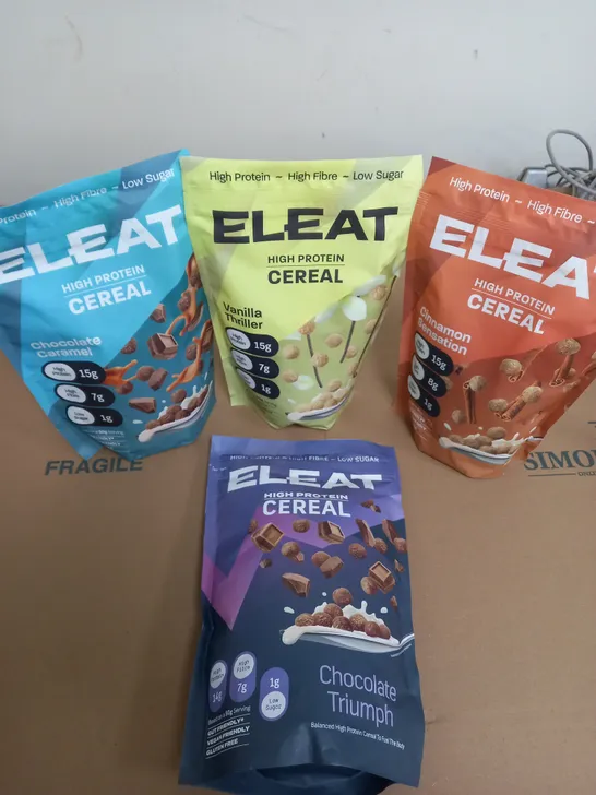 LOT OF 4 ELEAT HIGH PROTEIN CEREAL CHOCOLATE CARAMEL,VANILLA THRILLER, CINNAMON SENSATION AND CHOCOLATE TRIUMPH