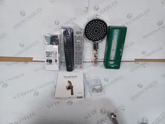 BOX TO CONTAIN APPROXIMATELY 20 ASSORTED HOUSEHOLD PRODUCTS, INCLUDES SHOWER HEAD, TV REMOTES, BEAUTY SET ETC  