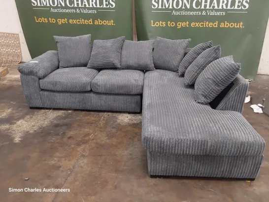 DESIGNER CHAISE SOFA WITH SCATTER CUSHIONS GREY JUMBO CHORD 