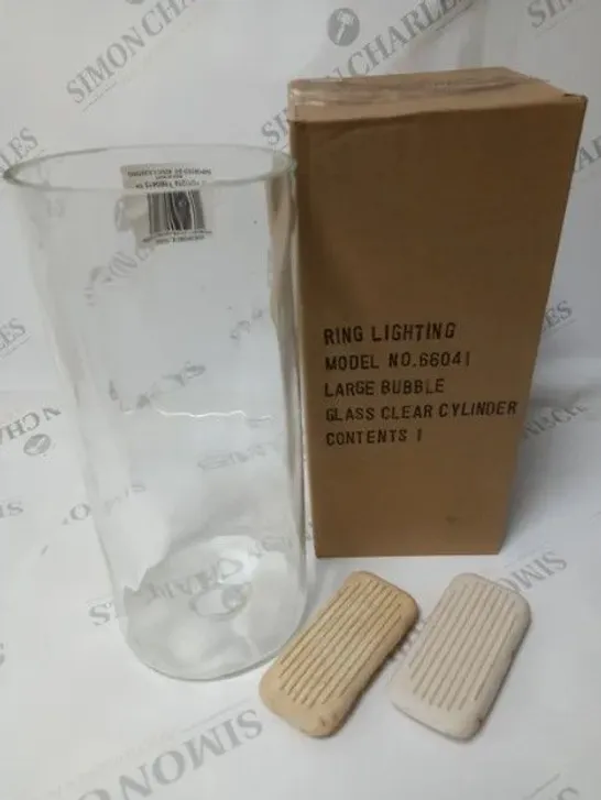 LARGE QUANTITY OF ASSORTED ITEMS TO INCLUDE 8 LARGE BUBBLE GLASS CLEAR CYLINDER, 11.5CM 41/2 RUBBER STOPS