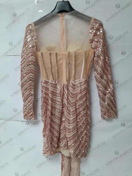 SEQUINED RHINESTONED CORSET DRESS WITH MESH DETAIL IN FLESH PINK 