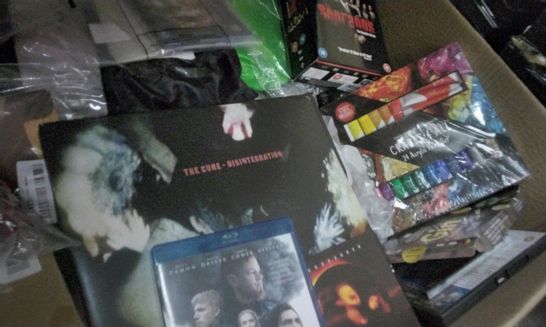 PALLET OF 4 BOXES OF ASSORTED ITEMS INCLUDING THE CURE DISINTEGRATION VINYL, THE SOPRANOS COMPETE SERIES, SOUNDGARDEN CD, THE LAST DUEL DVD BLURAY