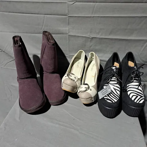 4 BOXED PAIRS OF ASSORTED SHOES TO INCLUDE CASSANDRA WEDGE SHOES SIZE 6, WILADY PLATFORM HEELS SIZE 38, BOOTS SIZE 36