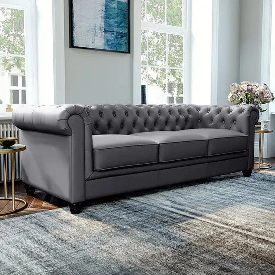 BOXED DESIGNER HAMPTON GREY LEATHER CHESTERFIELD THREE SEATER SOFA 