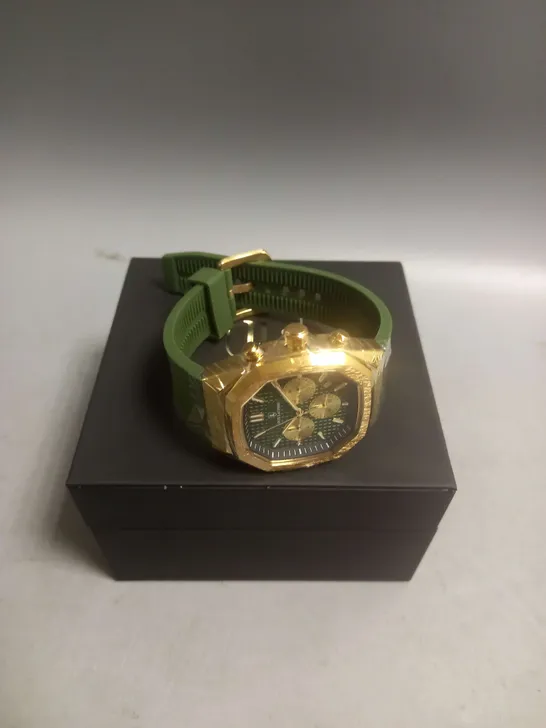 BOXED LOUIS LACOMBE SILICONE WRIST WATCH IN GOLD/GREEN