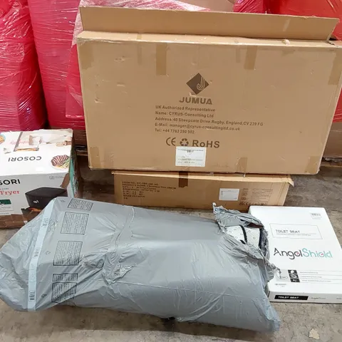 PALLET OF ASSORTED ITEMS INCLUDING: AIR FRYER, ARTIFICIAL CHRISTMAS TREE, LARGE RUG, 3-TIER HEATED CLOTHES DRYER, TOILET SEAT