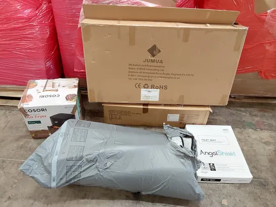 PALLET OF ASSORTED ITEMS INCLUDING: AIR FRYER, ARTIFICIAL CHRISTMAS TREE, LARGE RUG, 3-TIER HEATED CLOTHES DRYER, TOILET SEAT