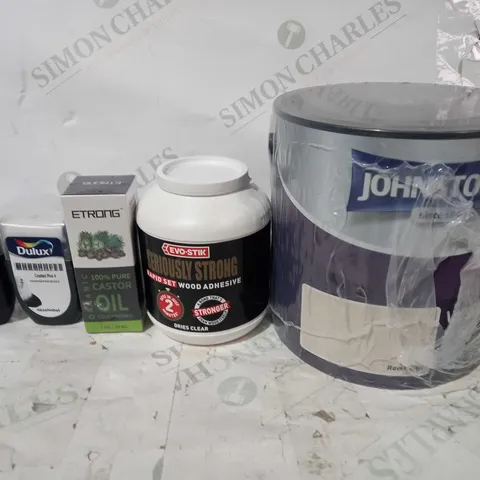 LOT OF APPROXIMATELY 10 ASSORTED HOUSEHOLD ITEMS TO INCLUDE JOHNSTONE'S WASHABLE MATT PAINT (RAW LINEN), EVO-STIK SERIOUSLY STRONG RAPID SET WOOD ADHESIVE, STRONG ORGANIC 100% PURE CASTOR OIL, ETC