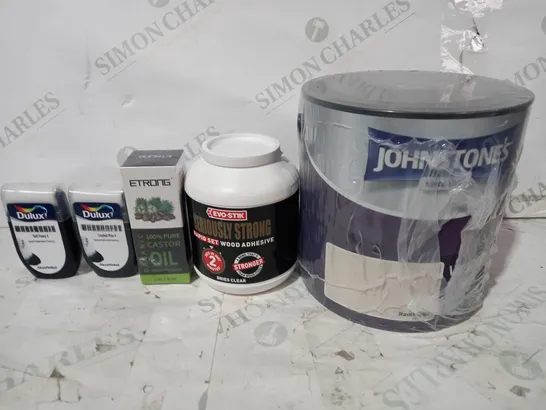 LOT OF APPROXIMATELY 10 ASSORTED HOUSEHOLD ITEMS TO INCLUDE JOHNSTONE'S WASHABLE MATT PAINT (RAW LINEN), EVO-STIK SERIOUSLY STRONG RAPID SET WOOD ADHESIVE, STRONG ORGANIC 100% PURE CASTOR OIL, ETC