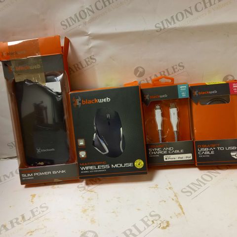 LOT OF 4 ASSORTED BLACK WEB ITEMS TO INCLUDE SLIM POWER BANK, WIRELESS MOUSE, USB CABLE, ETC