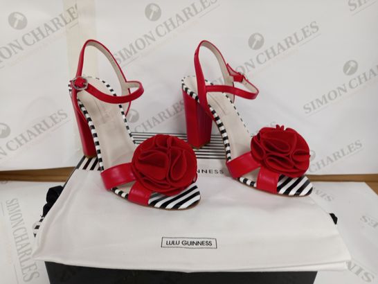 BOXED PAIR OF LULU GUINNESS HIGH HEEL SANDALS (BLACK/WHITE/RED, SIZE 39EU)