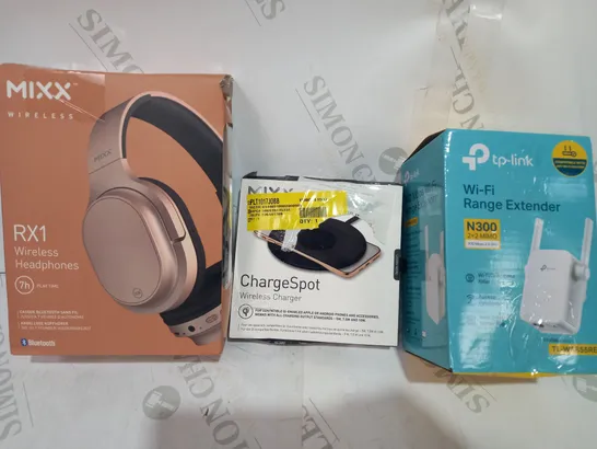 LOT OF APPROXIMATELY 20 ASSORTED HOUSEHOLD ITEMS TO INCLUDE MIXX RX1 WIRELESS HEADPHONES, MIXX CHARGESPOT WIRELESS CHARGER, TP-LINK WI-FI RANGE EXTENDER, ETC