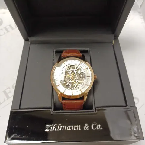 ZIHLMANN & CO GOLD EFFECT SKELETON BROWN LEATHER STRAP WRISTWATCH