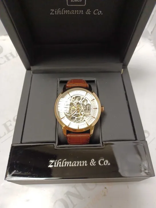 ZIHLMANN & CO GOLD EFFECT SKELETON BROWN LEATHER STRAP WRISTWATCH