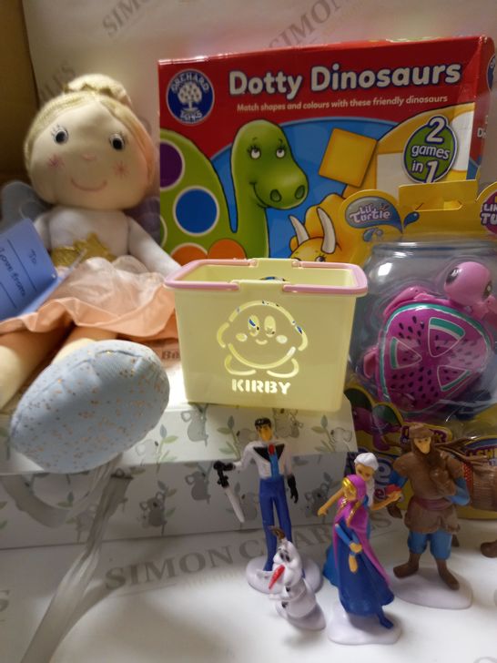 LOT OF ASSORTED ITEMS TO INCLUDE JOJO MAMAN BEBE FAITH FAIRY RAGDOLL, FROZEN CAKE DECORATION ACTION FIGURES, LITTLE LIVE PETS LIL' TURTLE, ETC.