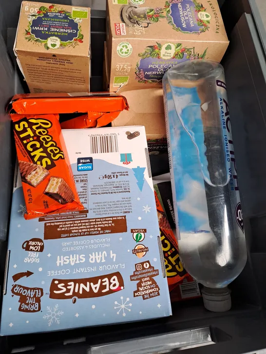 BOX OF APPROXIMATELY 10 ASSORTED ITEMS TO INCLUDE ACTIVPH WATER, REESES STICKS, INSTANT COFFEE ETC