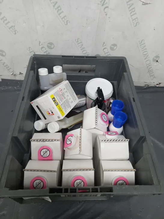 TOTE OF APPROX 10 CLEANING PRODUCTS TO INCLUDE WASHING UP LIQUID , AMINO ACID , STERILISER , ETC 