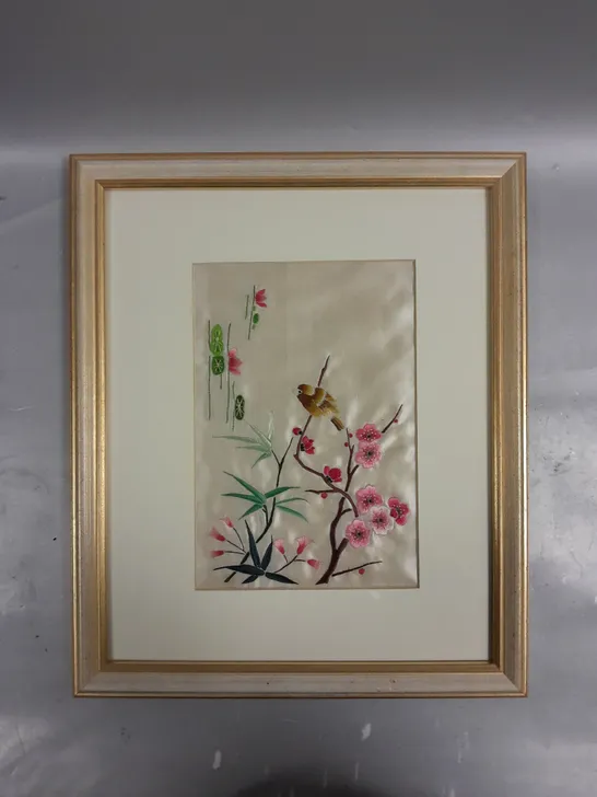 FRAMED EMBROIDERED BIRD & FLOWERS PICTURE	