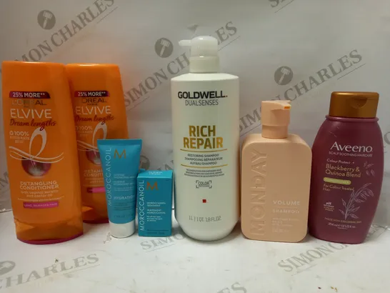 LOT OF APPROX 7 ASSORTED HAIRCARE PRODUCTS TO INCLUDE GOLDWELL RESTORING SHAMPOO, MONDAY VOLUME SHAMPOO, MOROCCANOIL INTENSE HYDRATING MASK, ETC 