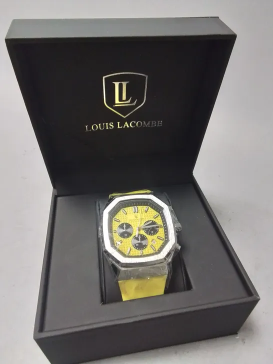 LOUIS LACOMBE GENTS YELLOW FACE STAINLESS STEEL CHRONOGRAPH WATCH WITH YELLOW RUBBER STRAP IN GIFT BOX