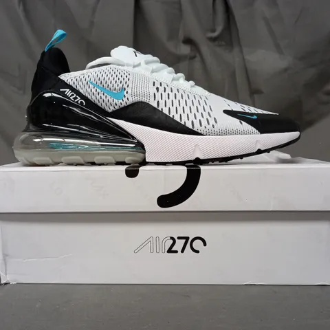 BOXED PAIR OF NIKE AIR MAX 270 SHOES IN WHITE/BLACK/CYAN UK SIZE 8.5