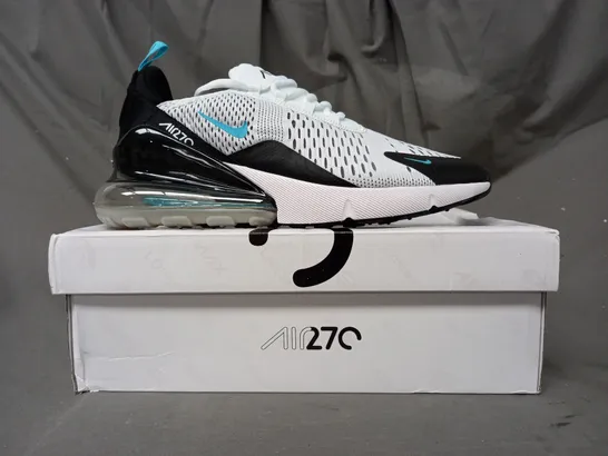 BOXED PAIR OF NIKE AIR MAX 270 SHOES IN WHITE/BLACK/CYAN UK SIZE 8.5