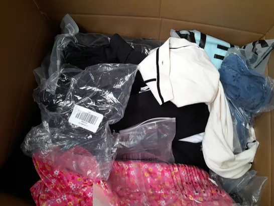 BOX OF APPROXIMATELY 25 ASSORTED CLOTHING ITEMS TO INCLUDE - JACKET , SHORTS , TOP ETC