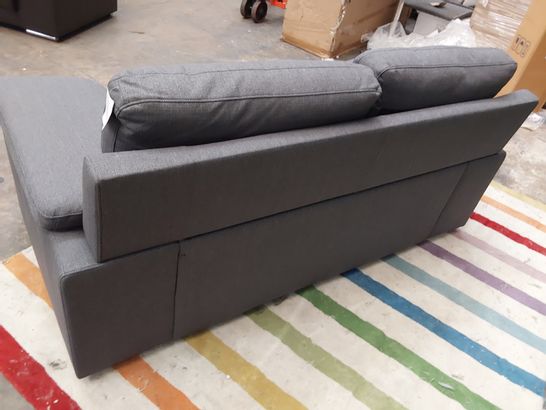 DESIGNER GREY FABRIC 2 SEATER SOFA WITH SQUARE PANEL DETAIL