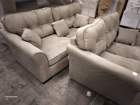DESIGNER BEIGE CHORD FABRIC THREE & TWO SEATER SOFAS WITH BUTTONED BACK CUSHIONS 