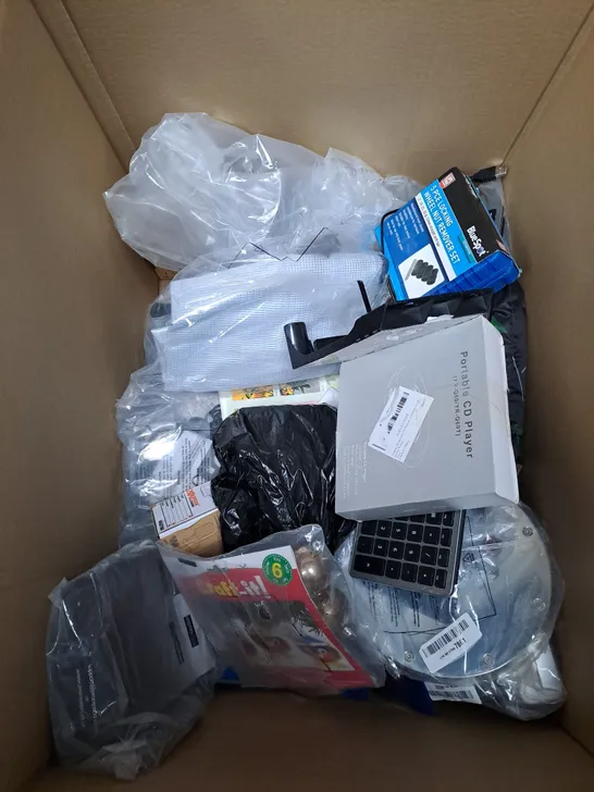 BOX OF APPROXIMATELY 15 ASSORTED ITEMS TO INCLUDE - KEYBOARD, WHEEL NUT REMOVER, CD PLAYER ETC